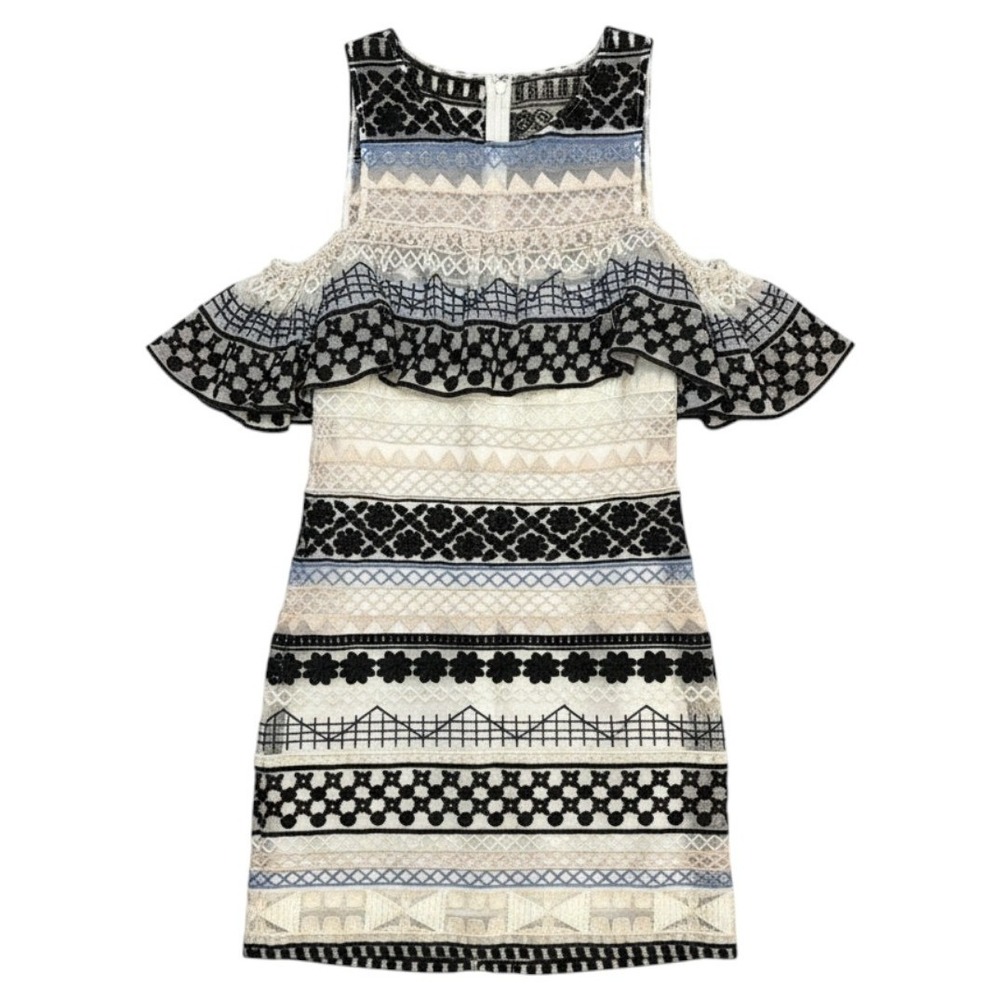 Parker Mini Dress White Embroidered Cold Shoulder Ruffle Lace Geometric XS Women